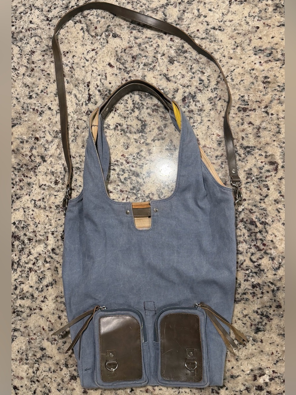 Cynthia Vincent Hobo Canvas Shoulder Bag Leather Trim Strap Blue Brown Large Bag